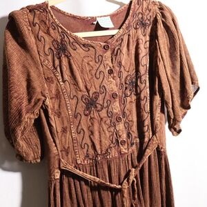 Vintage 90s Brown Embroidered Floral Rayon Maxi Dress M Earthy Boho Goblincore